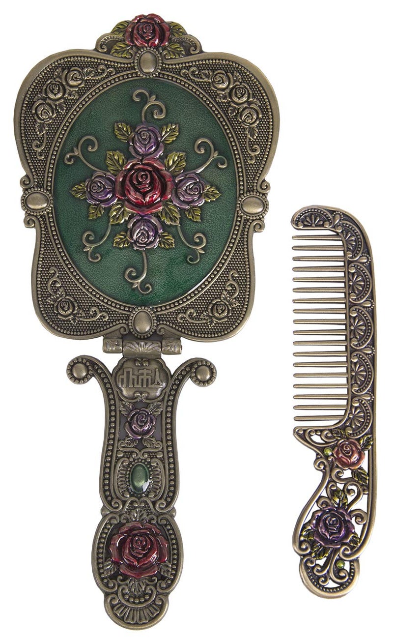 Nerien Vintage Metal Handheld Makeup Mirror with Comb - Russian Style Embossed Rose - Travel Portable Foldable Mirror - Decorative Tabletop Stand - Bronze - Image 1